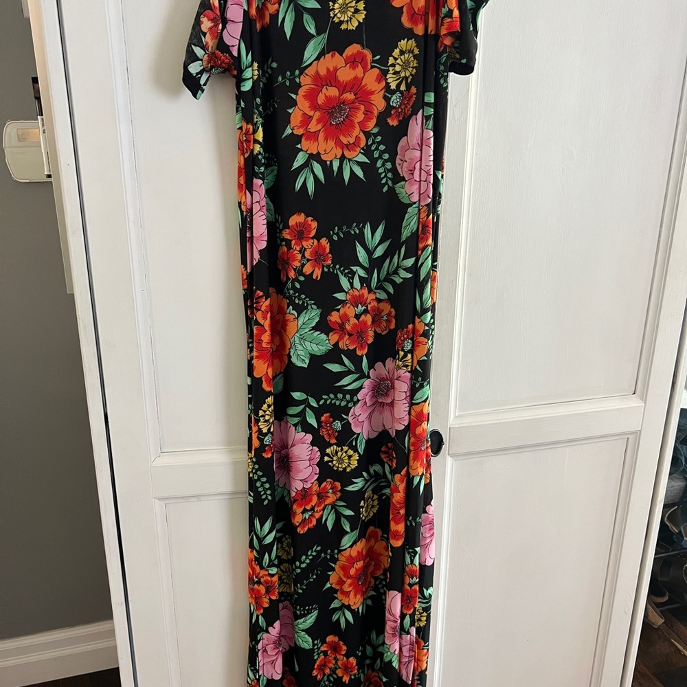 Bebe Black Floral Dress with Green and Orange Accents